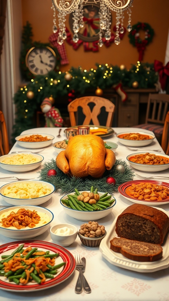 A festive 70s Christmas dinner table with roasted turkey, mashed potatoes, green bean casserole, yule log cake, and fruitcake.